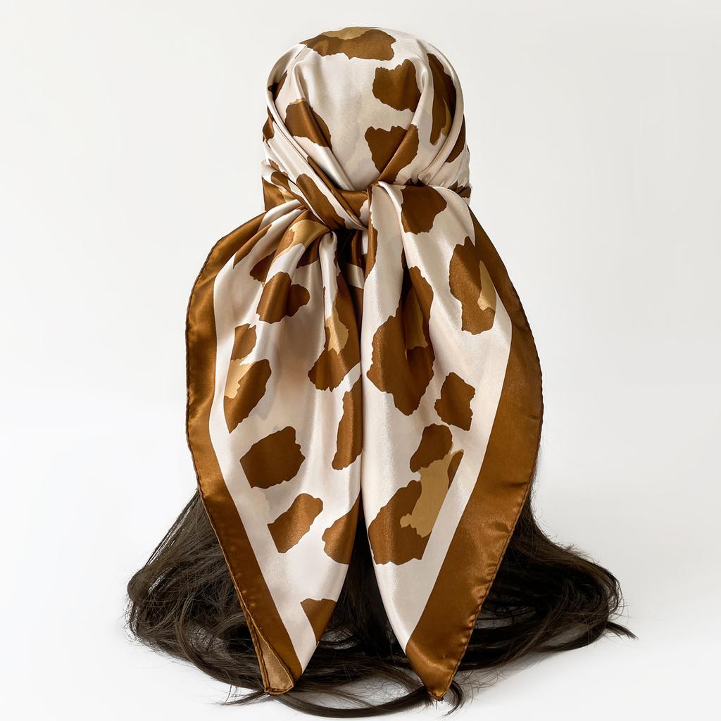 Women’s Scarf: Leopard-print, faux silk, European-style, high-end print, head-wrapping satin, large scarf