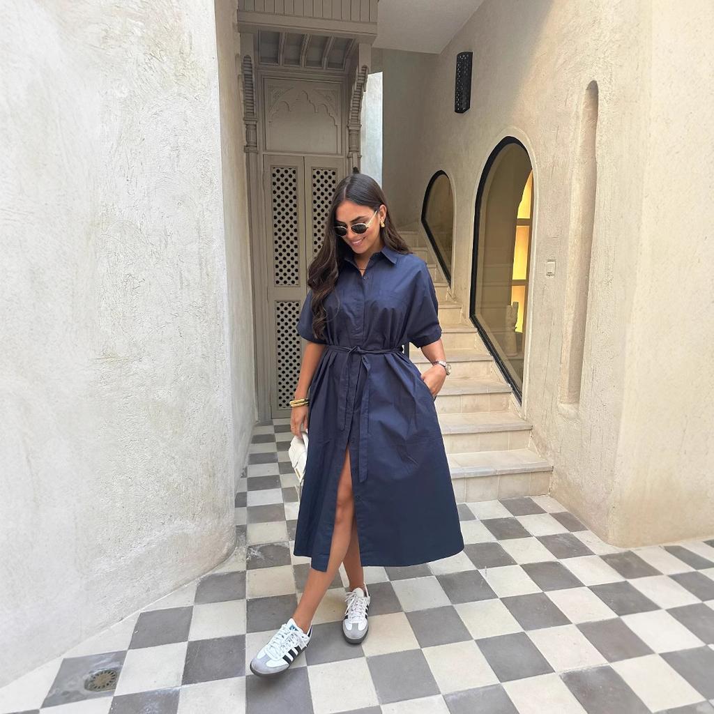 Women's Shirt Collar Short Sleeve Loose Fit Waist Tie Solid Color Shirt Dress
