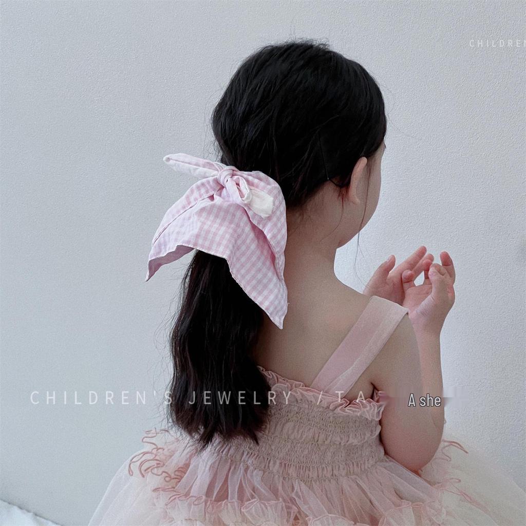 Синий клетчатый шарф-бант резинка для волос для девочек