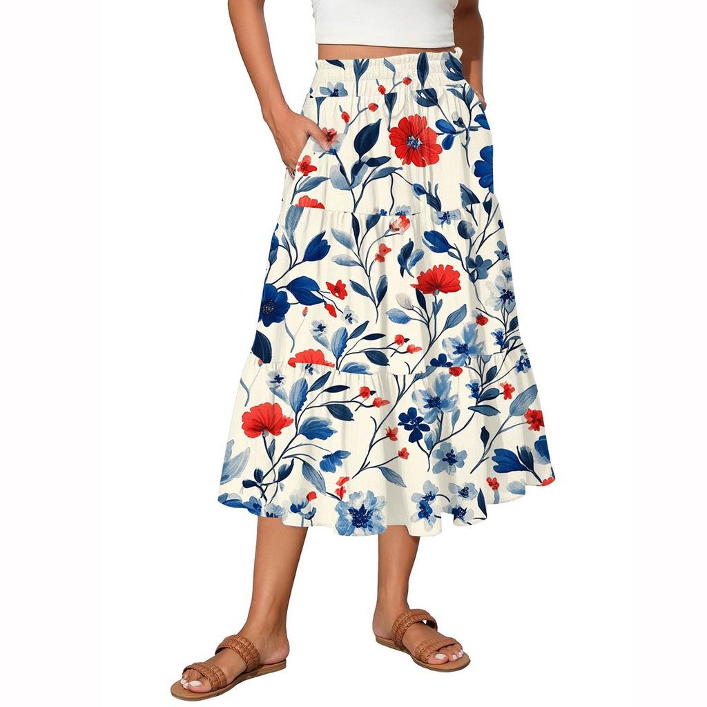 Women's Flowy Flared Ruffle Hem A Line Maxi Skirts Elastic Waist Elegant Tiered Layer Boho Long Skirts