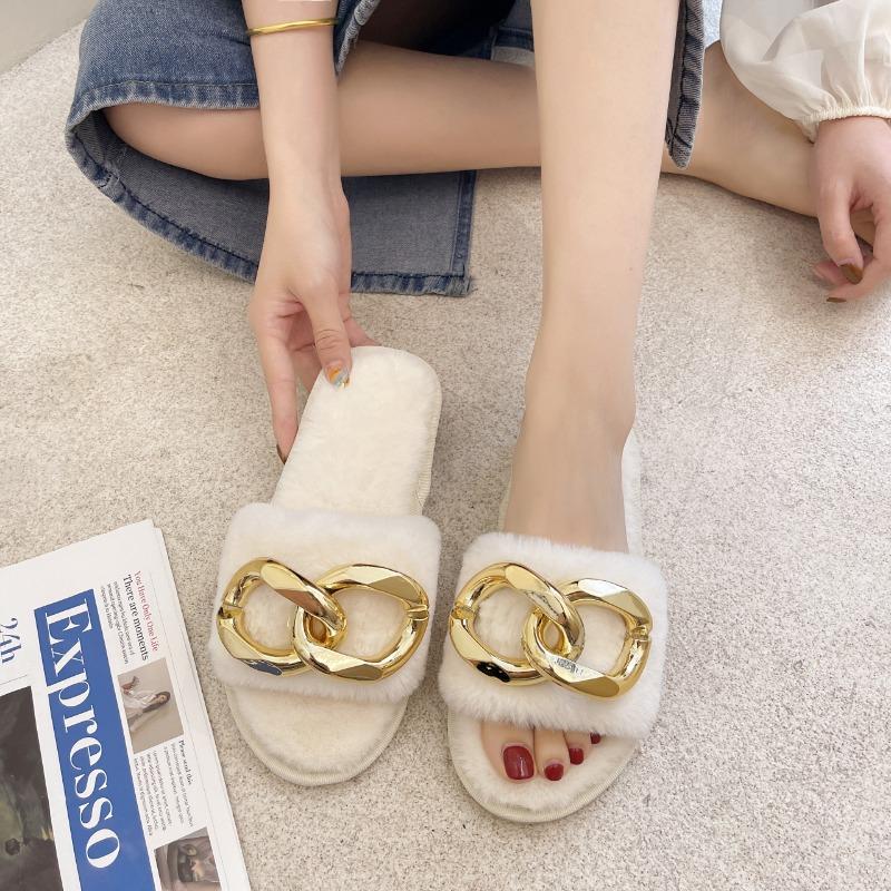 Fashion 2025 New Winter Plush Slippers Fashion Open Toe Solid Color Women's Sandals Metal Chain Casual Women's Shoes Fashion Shoes