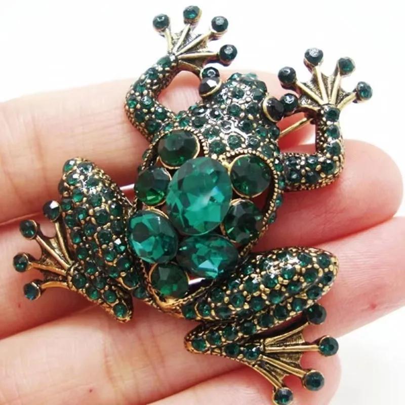 Retro Diamond Inlaid Frog Brooch Alloy Green Rhinestone Frog Brooch Banquet Party Dress Decoration Jewelry Brooch Wholesale