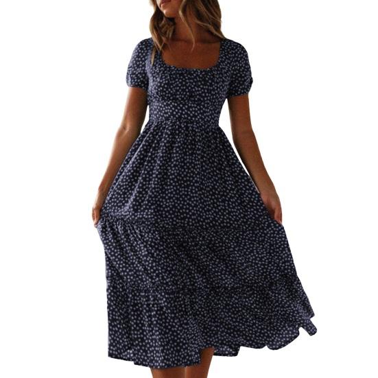 Women Dress Small Flower Print Patchwork A-line Flowy Hem Square Neck Short Bubble Sleeves Pleated Shirring Dating Vacation Midi Dress