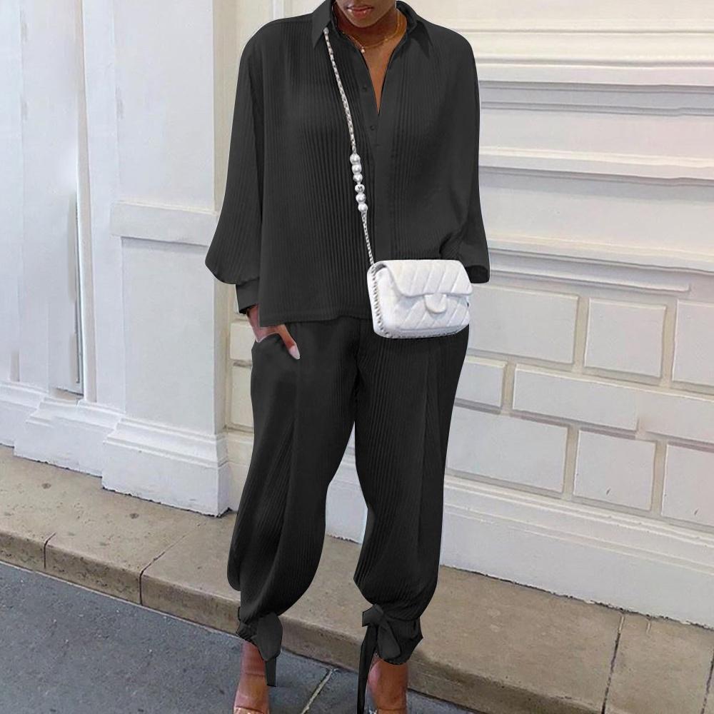 Модный женский костюм, свободный верхний воротник-стойка, рубашка с длинными рукавами, карманные брюки со шнуровкой по краю