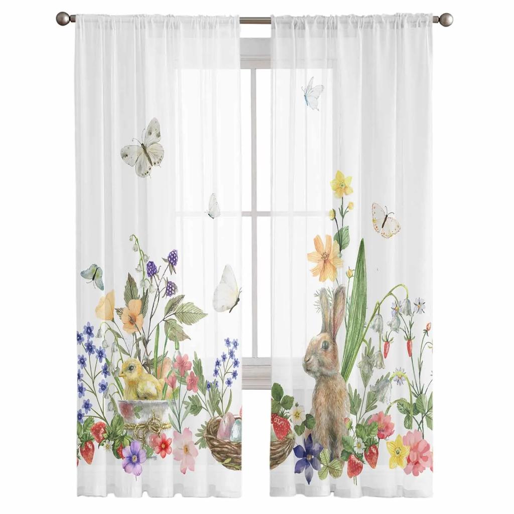 Тюль-вуаль с изображением кролика, бабочки, клубники, пасхальных штор для спальни, гостиной, оконная занавеска, прозрачные шторы из органзы