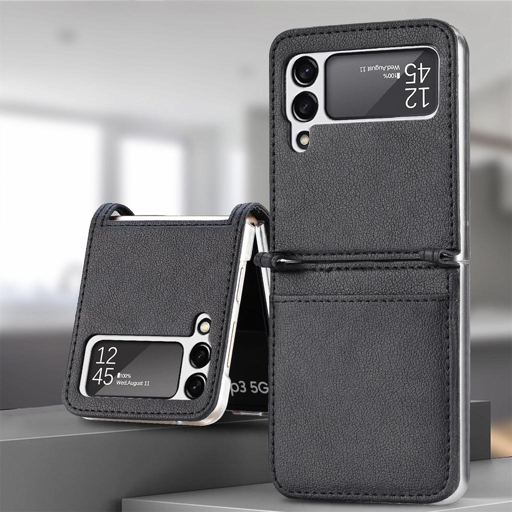 Anti -Scratch Luxury Leather Phone Coque Case For Samsung Galaxy Z Flip 4 5g Flip4 Flip 3 Flip3 Zflip4 Card Slot Funda Cover