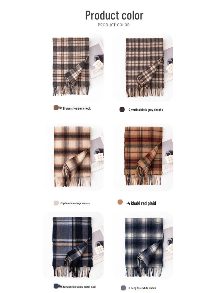 Women's 100% Wool Plaid Scarf - Korean Style, Autumn/Winter 2025, Long Tassel Shawl, Cold-Proof and Warm