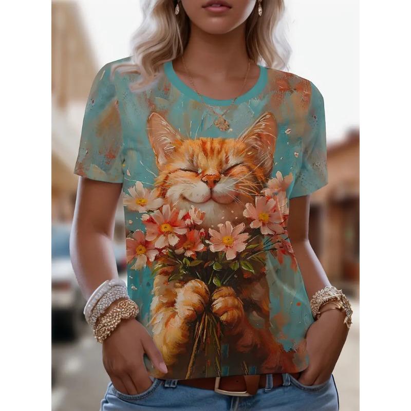 Летняя женская футболка с круглым вырезом, модная уличная футболка с коротким рукавом, 3D-принт с изображением кота, женская одежда больших размеров