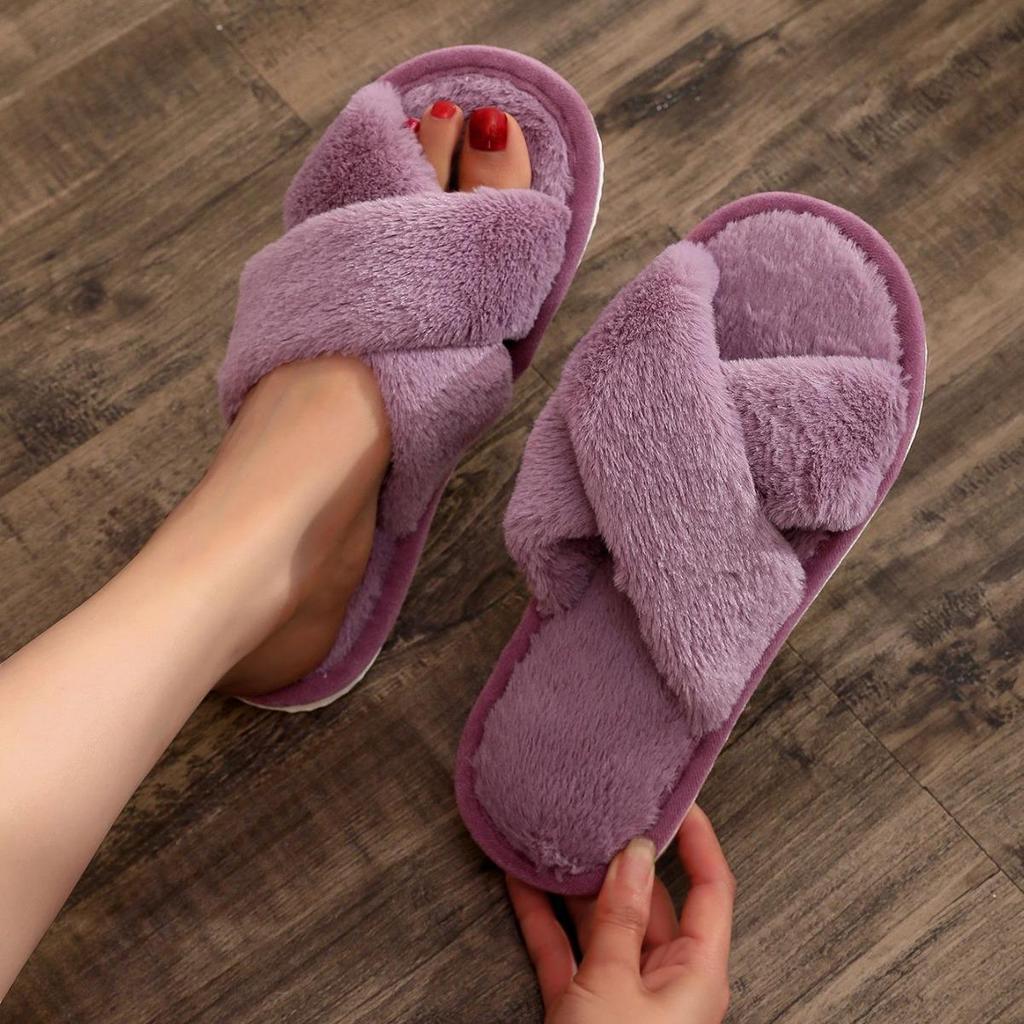 Women's Cross-Strap Fluffy Open-Toe Slippers - Cotton Plush Comfy, Top-Selling Styles