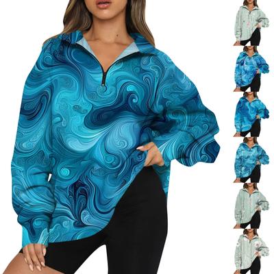 Женская мода повседневная толстовка с длинным рукавом и принтом на молнии с высоким воротом и заниженными плечами