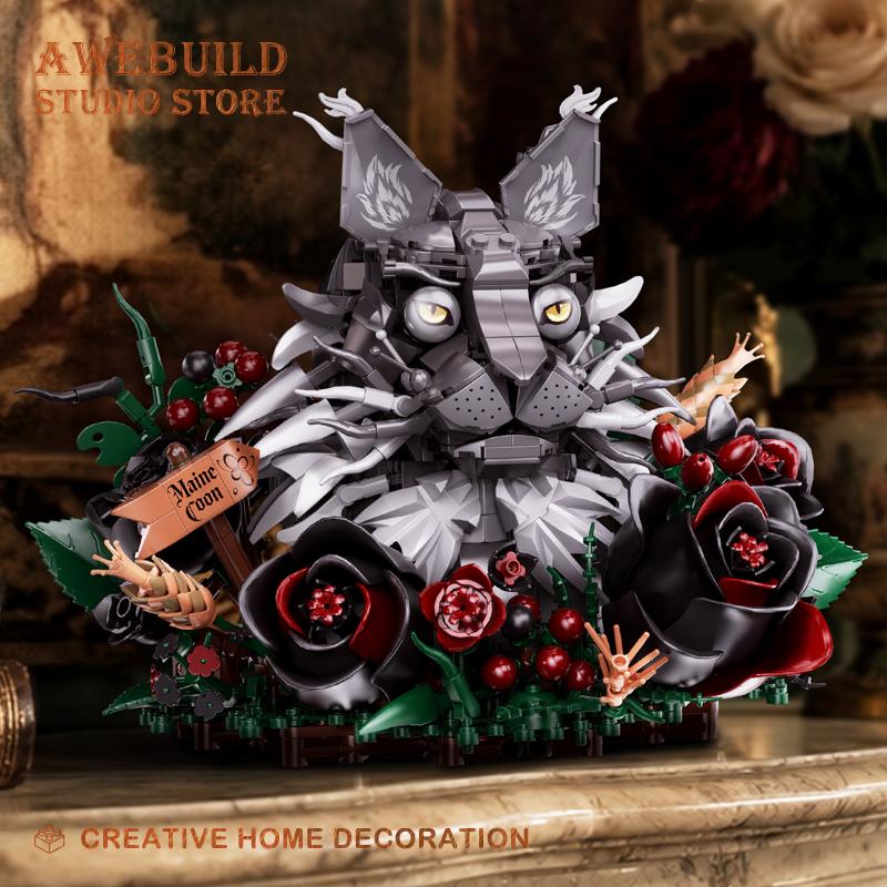 1056Pcs Creative Flower Cat Building Blocks Toy Pussy Rose MOC Bricks Home Decor Cute Animal Bouquet Assembly Model DIY Gift NEW