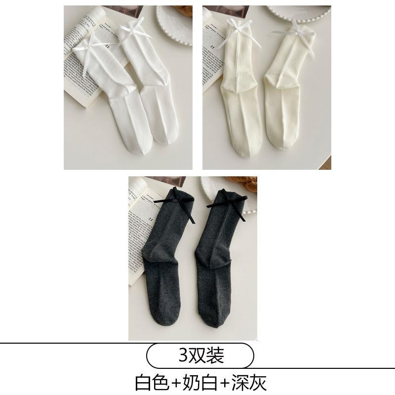 Womens Cotton Mid-Calf Socks With Bow Detail Japanese Style Ribbed Crew Soft Breathable Stackable Teens Young Adults