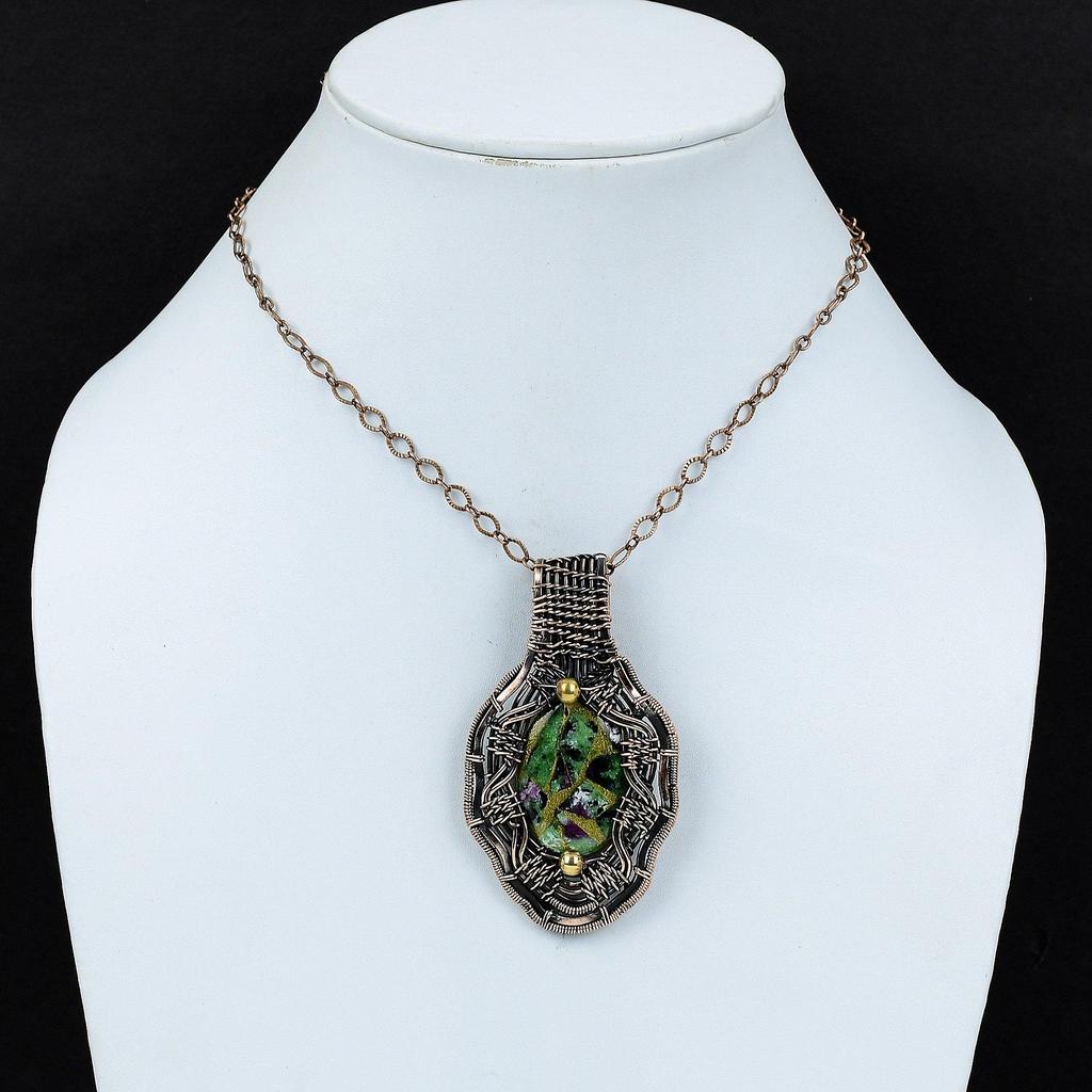 Медный рубиновый кулон с цоизитом, обернутый медной проволокой, кулон из меди ручной работы, чудесный драгоценный камень, кулон с рубиновым цоизитом, подарок для мамы