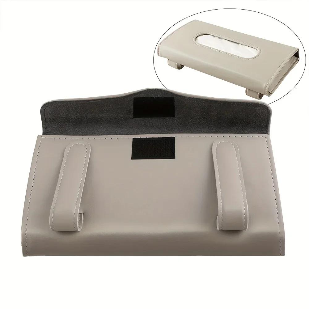1pc PU Leather Car Tissue Box Holder, Sun Visor and Seat Back Organizer for Towels, Auto Interior Accessory Storage Case