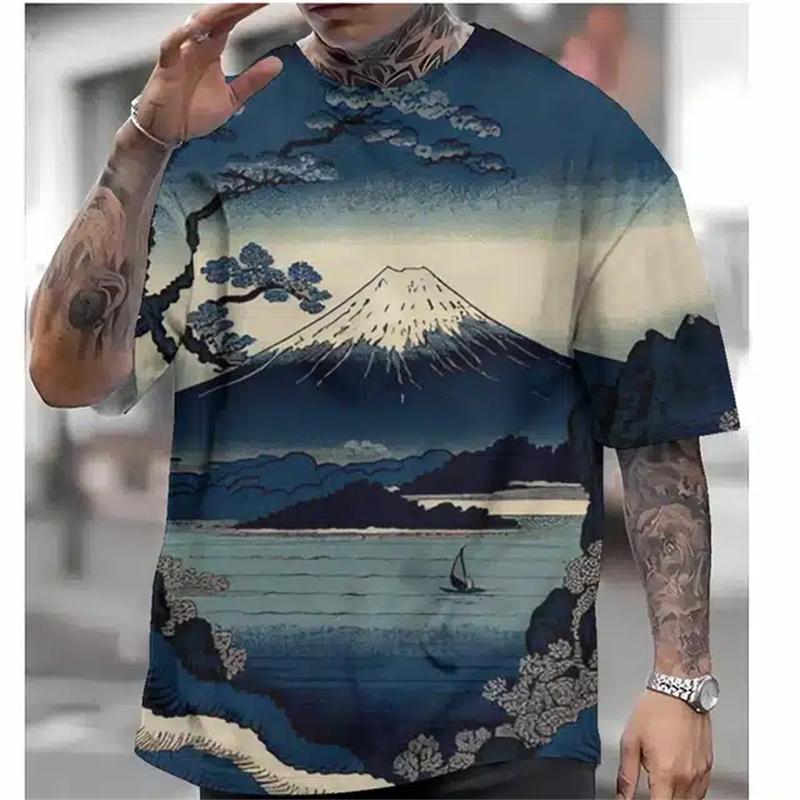 Japanese Ukiyo-E Printed Men's T-Shirt Vintage Summer Men's Short-Sleeved T-Shirt Oversized Round Neck Top Street Harajuku Tops