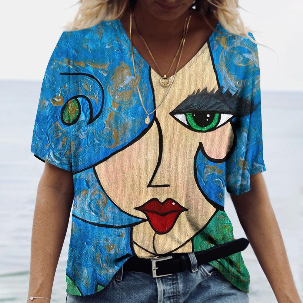 Винтажная женская футболка с V-образным вырезом, модный топ с абстрактным принтом лица 3D, уличный стиль, короткий рукав, футболка