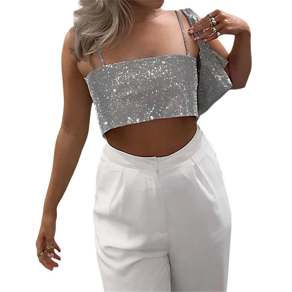 Sexy Women Club Sequin Camisole, Low Cut Suspender Tops Crop Tops Tank for Summer Pub, Women Clothing