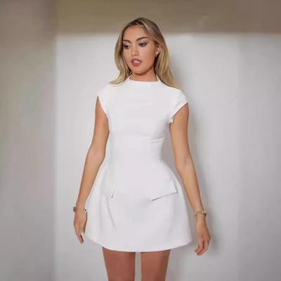 Весеннее новое однотонное облегающее сексуальное платье с круглым вырезом, женские модные карманы, элегантные повседневные летние платья, женское платье-трапеция с высокой талией, вечернее женское платье 26534