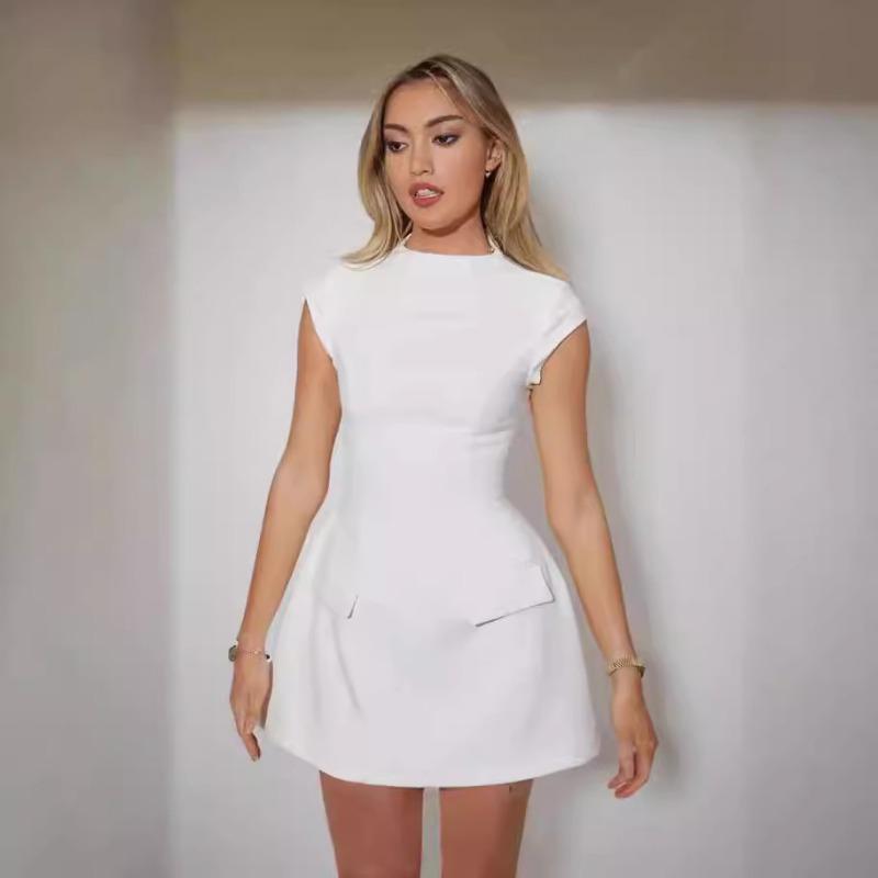 Spring New Solid Round Neck Slim Fit Sexy Dress Women Fashion Pockets Elegant Casual Summer Dresses Women A Line High Waist Party Female Dress 26534
