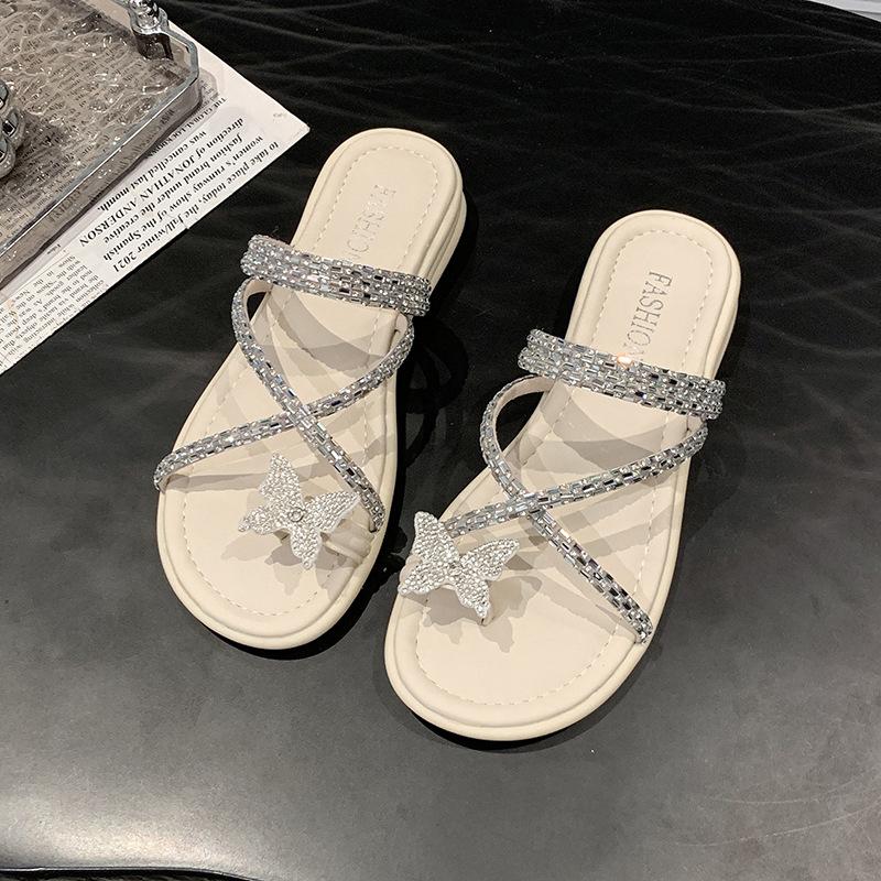 Fashion Shiny Rhinestone Butterfly Slides Women, Black Cross - Strap Sandals, Casual Daily Fashion Footwear