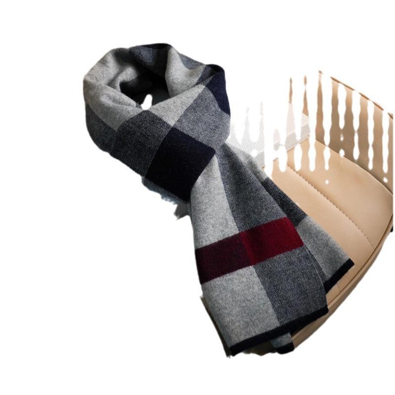 Pure Wool Plaid Scarf Men's Autumn and Winter Versatile Warm Thickened High-end Men's Scarf New Scarf