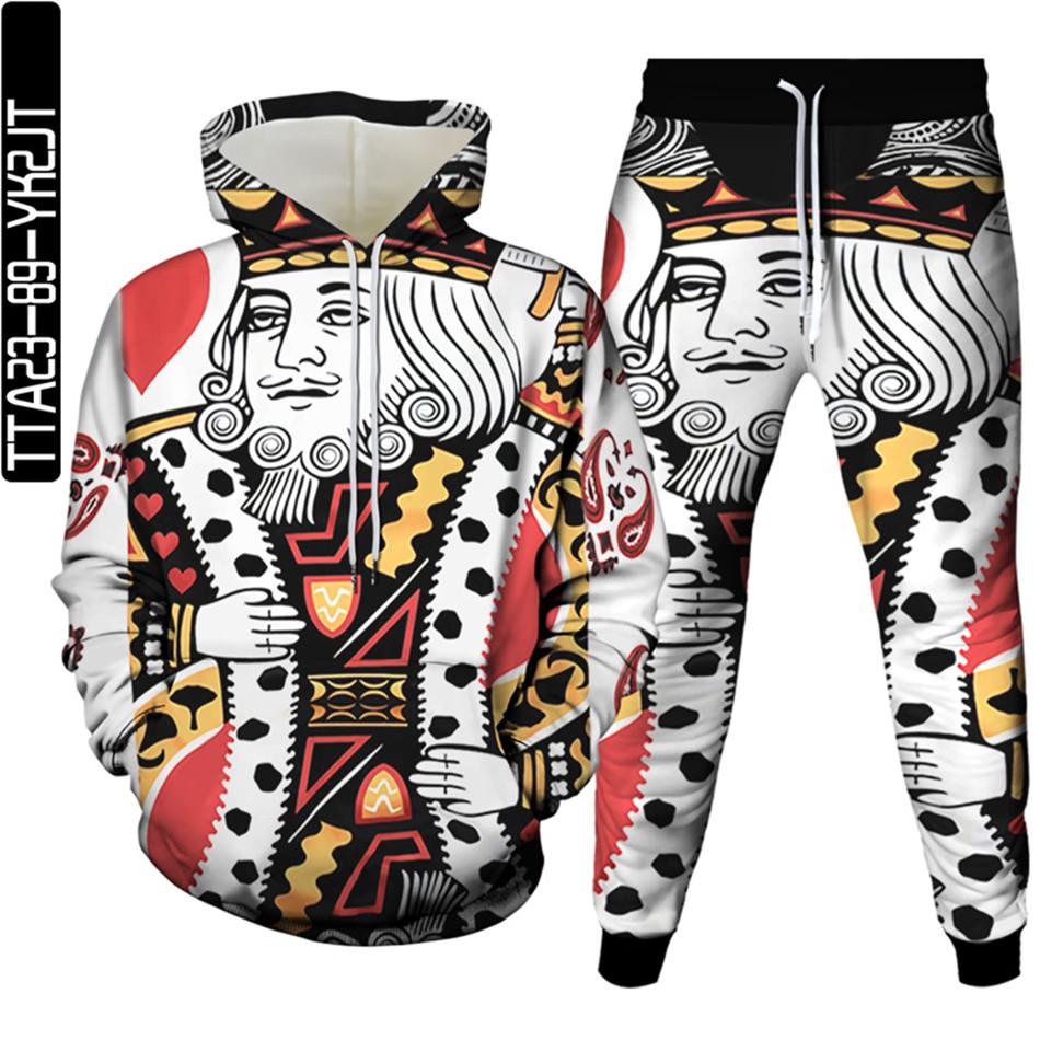 Мужская уличная модная одежда с покерным рисунком и 3D принтом, спортивный костюм Homme, комплект из 2 предметов, толстовки, спортивные штаны большого размера, S-6XL