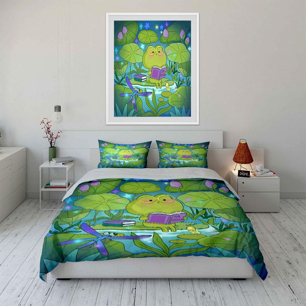 "Frog Reading Set In Nature" Exquisite ThreePiece Bedding Set Gift For Kids And Adults
