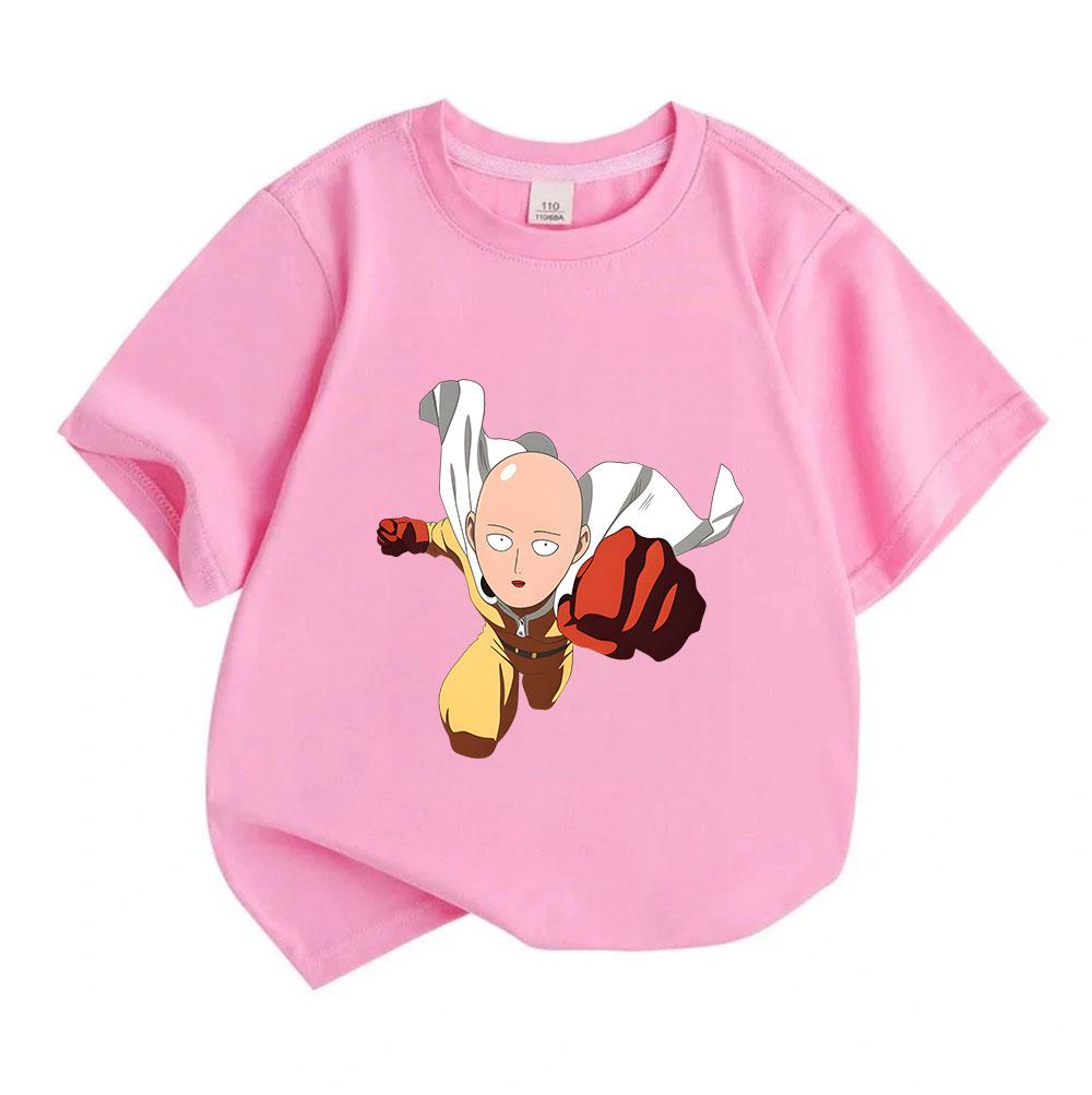 Kids Boys Girls 100% Cotton Crew Neck Short Sleeve T-Shirt, Cute Anime Bald Hero Print Casual Comfortable Tee for Daily Wear Outdoor Activity