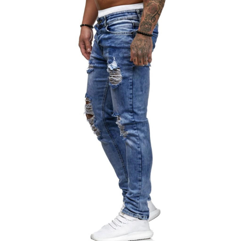 Men's Fashion Denim Hole Trouser Distressed Jeans Long Pencil Pants Streetwear