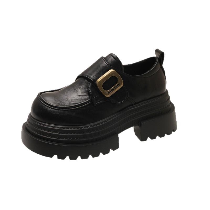 2025 British Style Super High Heel Thick Sole Heightening Metal Buckle Small Leather Shoes Thick Sole Muffin Single Shoes Spring New Women