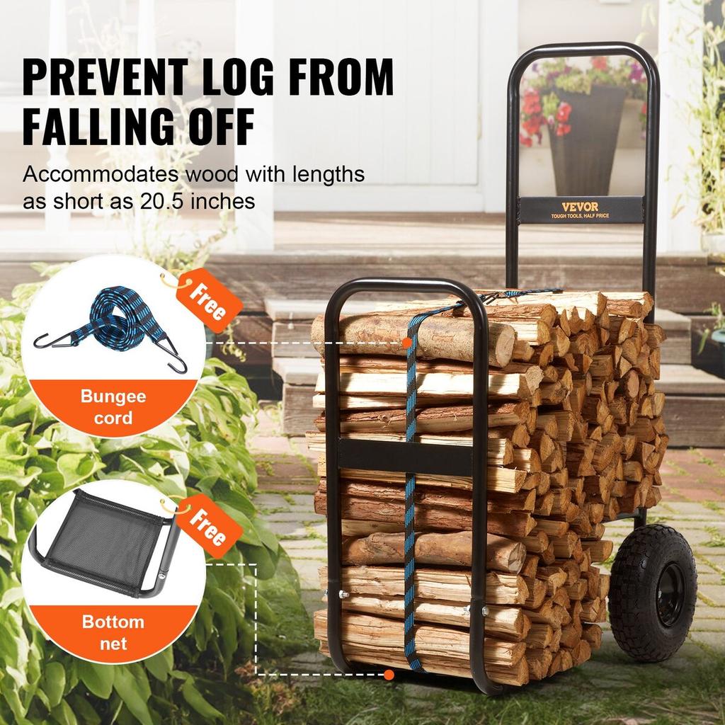 Firewood Log Cart, 113.4 kg Load Capacity, Outdoor and Indoor Wood Rack Storage Mover with Pneumatic Rubber Wheels, Heavy Duty Steel Dolly Hauler,