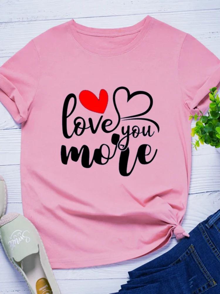 Love You More Heart Print Женская футболка с коротким рукавом и круглым вырезом Свободная женская футболка Женская футболка Топы Одежда Camisetas Mujer