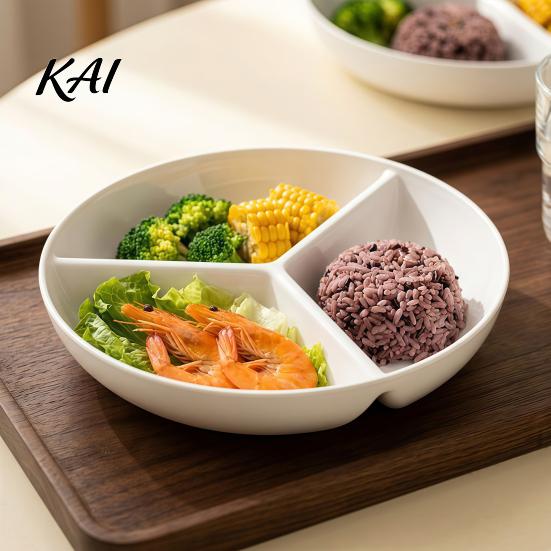 Kitchen Essentials for Steaming Ceramic Steamer Plate with 3 Divided Compartments, Round Dish Healthy Eating Portion Tray Food, Rice Meat Vegetable