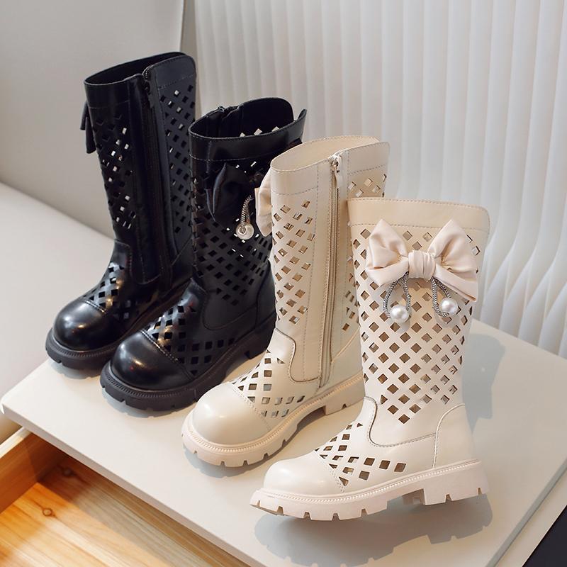 Children Chain High Boots Summer Girls Hollow Princess Boots with Bow-knot Kids Fashion Fashion PU Boots Side Zip Low Heels