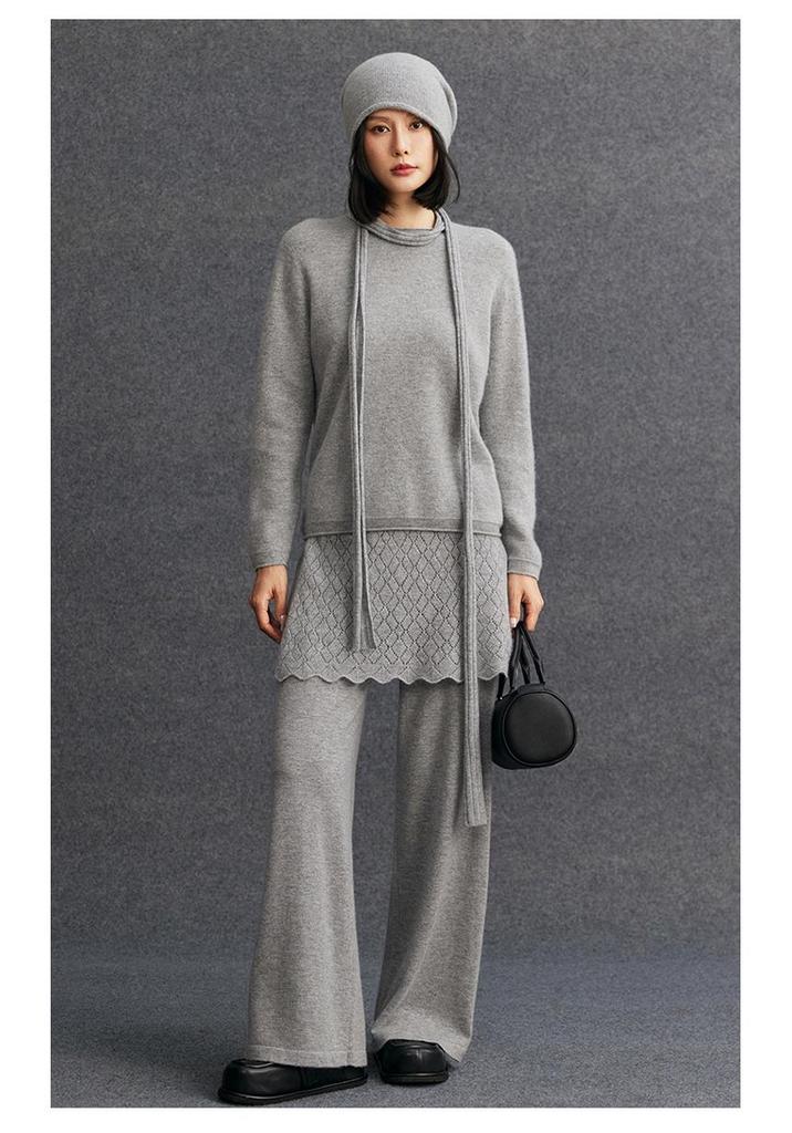 Women's Cashmere Rolled Edge Pullover - 2026 Autumn Round Neck Solid Color Knit Sweater