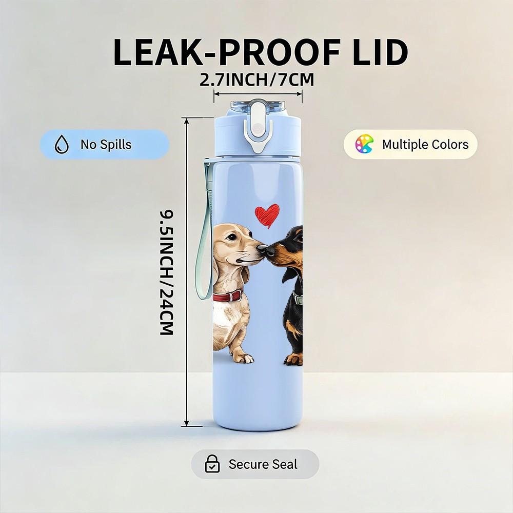 1PC Two Dachshund Dog Love Art Print 750ml Color Plastic Sports Water Bottle Leakproof Flip Straw Lid Suitable for Sports Office Home Use