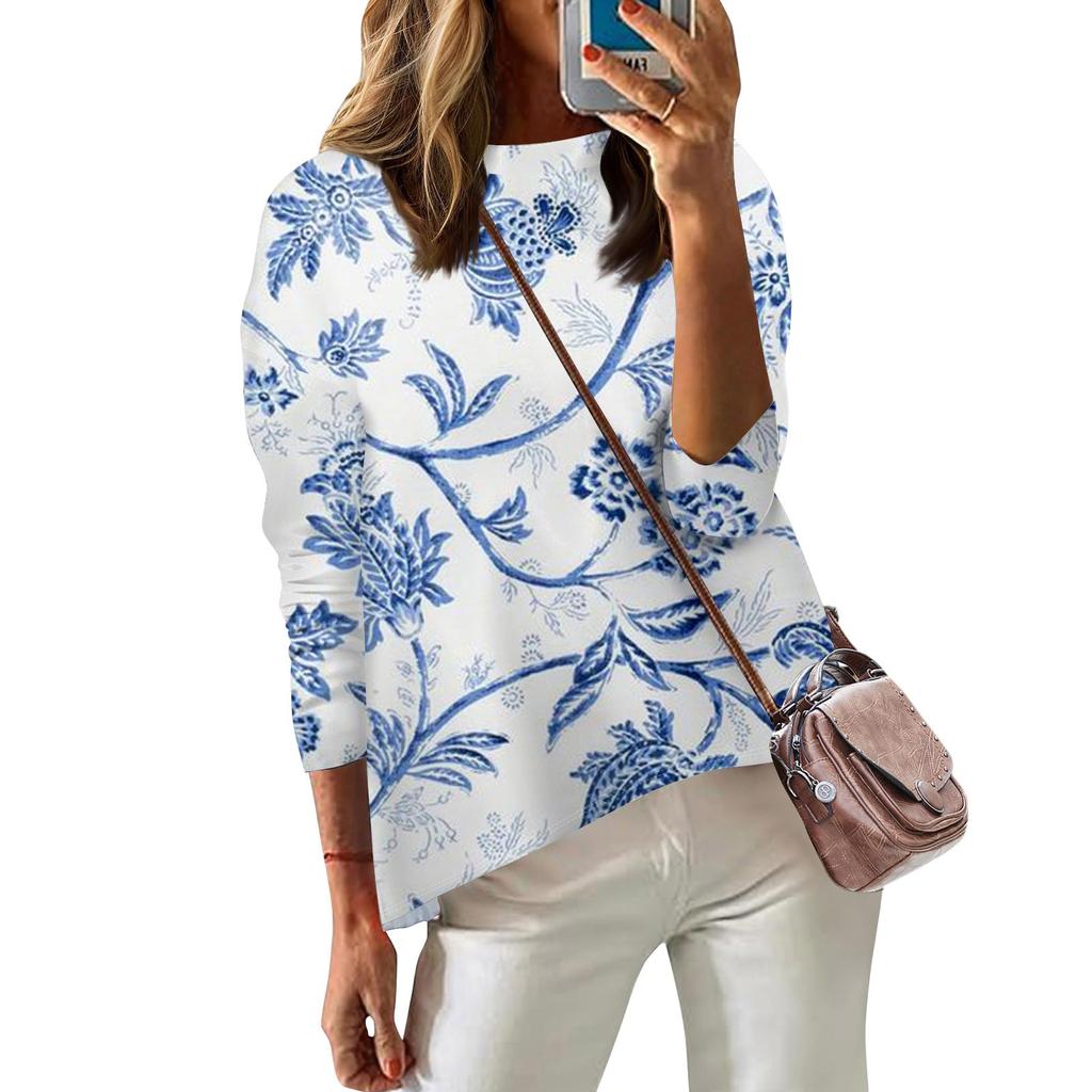 Женская футболка с принтом, длинный рукав, повседневная, выходного дня, модная, с заниженной линией плеч, с круглым вырезом, блузка