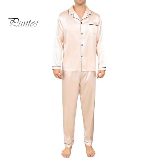 2 шт./компл. Шелковый атласный мужской пижамный комплект с пуговицами, длинными рукавами, верхом из пижамы с воротником-стойкой, пуговицами спереди, нагрудным карманом, длинными штанами, одежда для сна