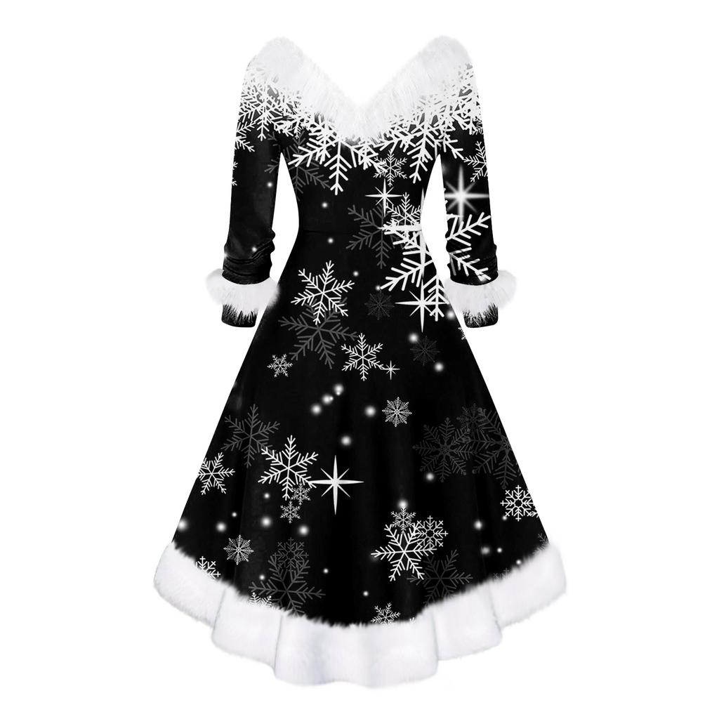 Women's Fashion V-neck Casual Fit Christmas Print Party Long Sleeve Dress