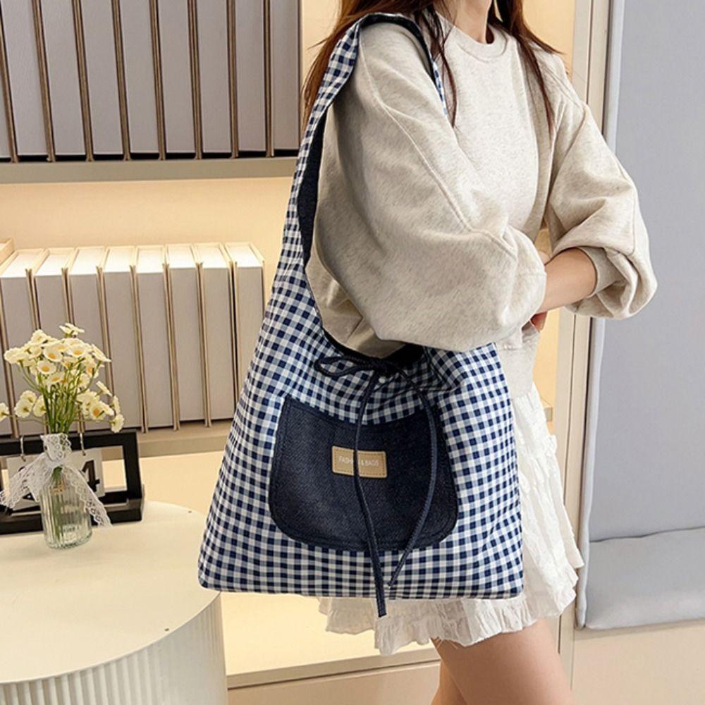 Cloth Denim Shoulder Bag Japanese Style Canvas Tote Bag Double Sided Plaid Denim Vest Bag  Travel
