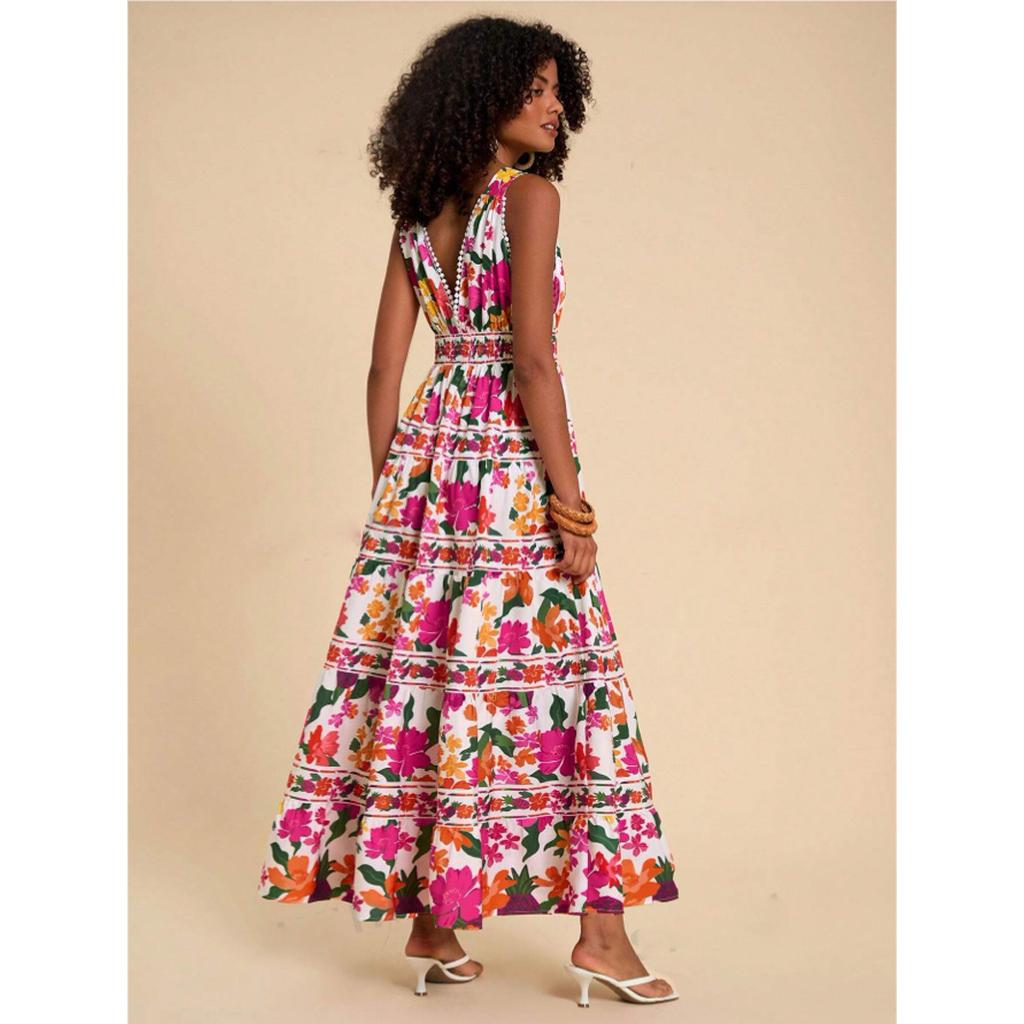 Женское повседневное летнее платье-майка с V-образным вырезом без рукавов, макси-платье с цветочным принтом, бохо, струящиеся миди-трапеции, пляжные сарафаны для отдыха для женщин