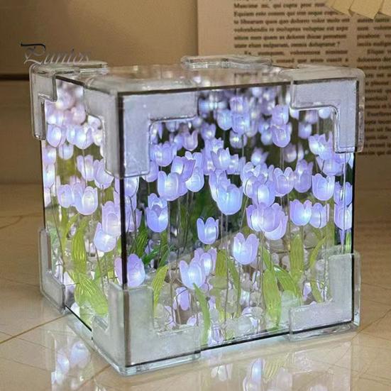 Handmade DIY Tulips Cube Mirror Lamp Soft Glow Easy To Install Romantic Tulips Flower Night Light Desktop Decoration
