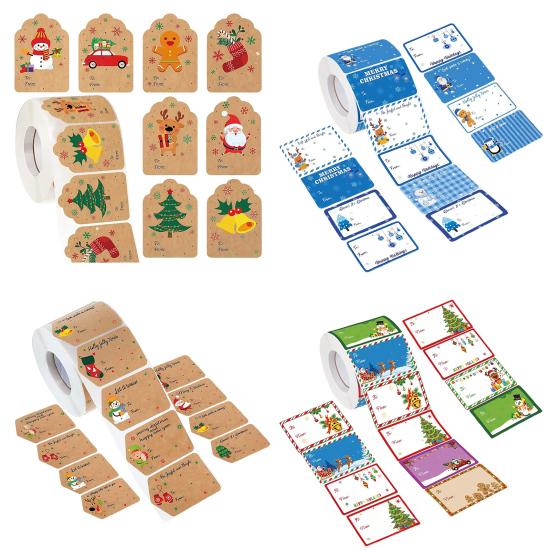 500 шт./рулон Рождественские подарочные бирки Мультяшный Санта Снеговик Олень Елка Кому и от Именные бирки Сделай сам Коробка для подарка Поздравительная открытка Конверт Самоклеящаяся этикетка