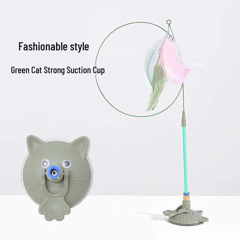 Cat Wand Teaser with Strong Suction Cup, Colorful Feathers, Steel Wire, Long Rod, Durable Design, and Bell for Self-Play