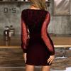 Women Evening Dress V Neck See Through Mesh Patchwork Long Sleeve Shiny Slim Fit Tight Waist Sheath Solid Color Party Prom Mini Dress