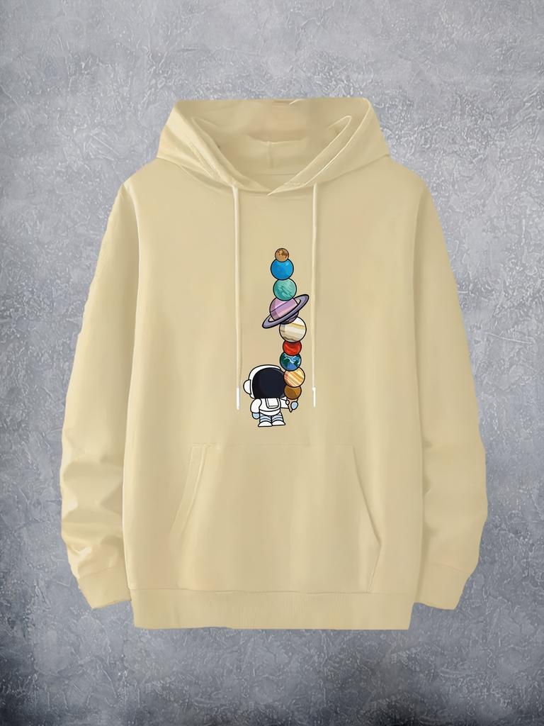 Men's Hoodie with Cartoon Astronaut and Planets Print - Beige, Hip-Hop Style, Machine Washable, Hoodie Astronaut