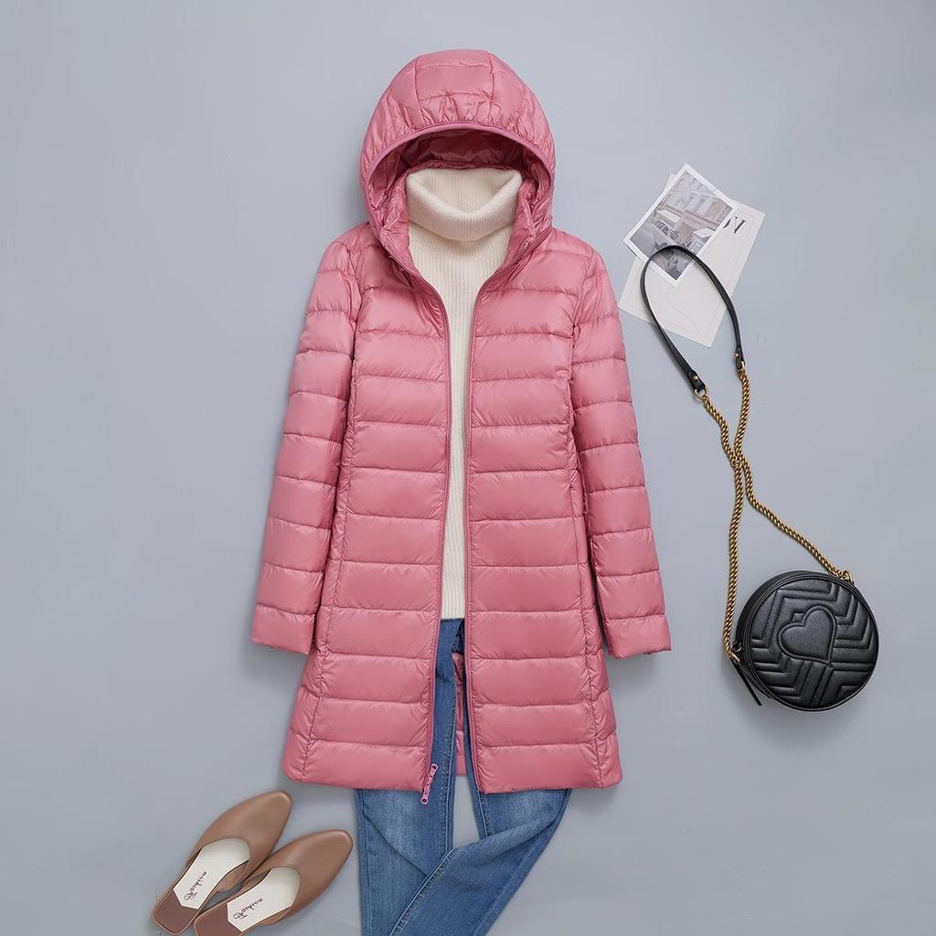 FASHION  Light Down Jacket Women's Medium  Long Fattened Plus Size Removable Cap Lightweight Ultra-thin Jacket Tide Clothes
