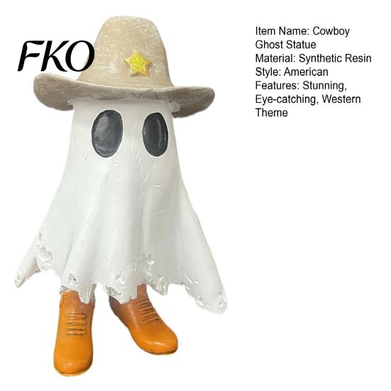White Ghost Decoration Halloween Cowboy Statue, Spooky Resin Figurine, Western Tabletop Decor Sculpture with Boot And Hat for Mantel, Tiered