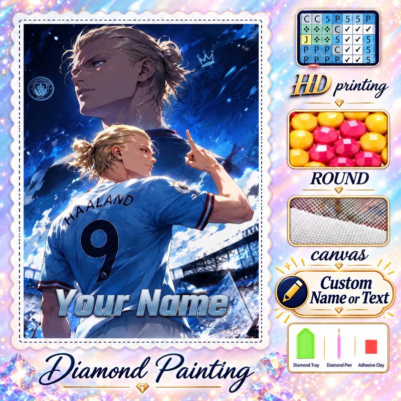 Erling Haaland 5D DIY Diamond Painting Custom Name Text, Full Drill Rhinestone Mosaic Art Home Gift