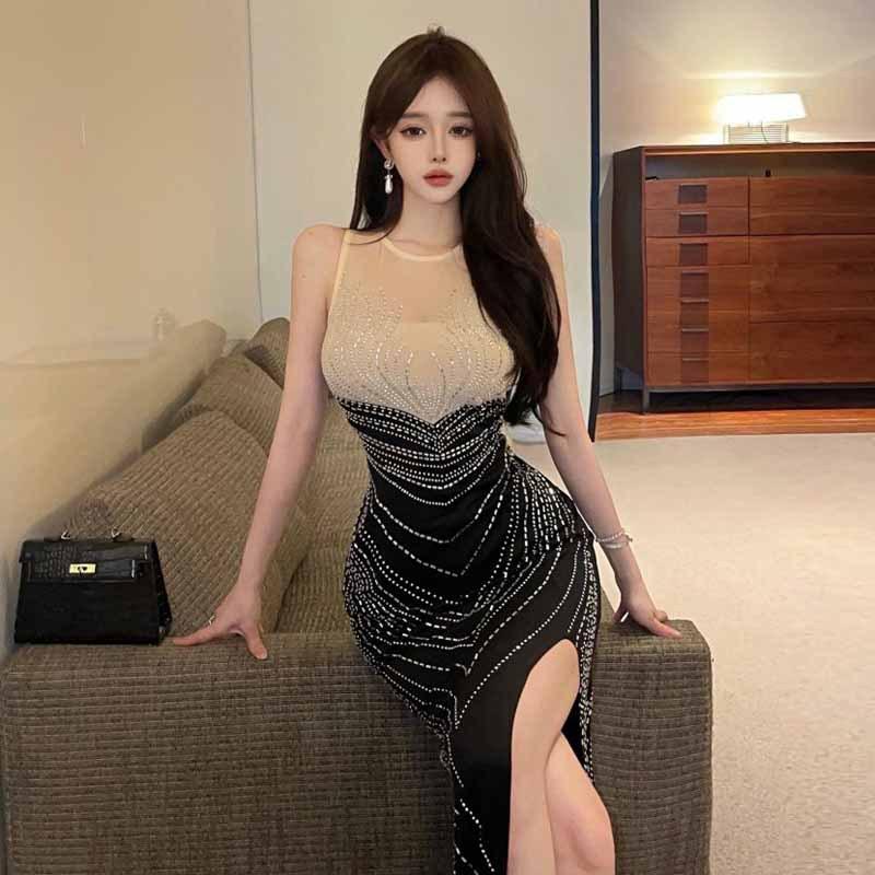 Новая женская одежда темперамент светский стиль перспектива горячее дрель разрез платье